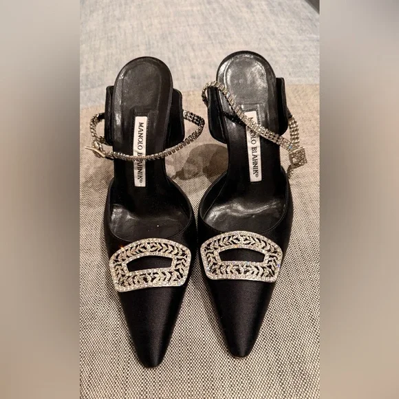 Manolo Blahnik Black Heels with Crystal Ankle and Emblem Embellishments, 37.5